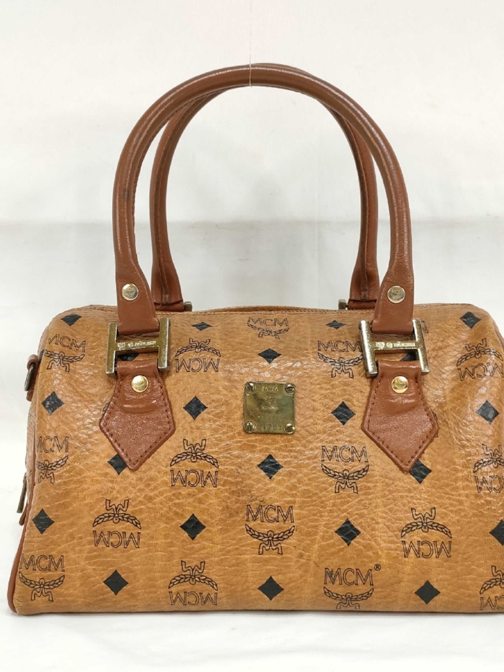 MCM Vintage Visetos Cognac Boston Satchel Top Handle Bag